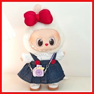 Adorable Labubu White Top and Blue Dress, Shoes with Red Bow & Camera